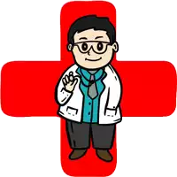 a cartoon drawing of a doctor with a red cross in the background