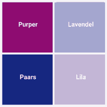 four squares of different colors with the words purper lavendel paars lila