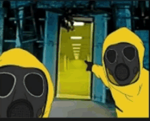 a cartoon of two people wearing gas masks pointing at a door .