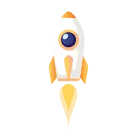 an orange and white rocket with a blue eye is flying through the air