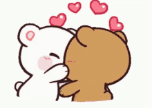 a cartoon of two teddy bears hugging each other with hearts coming out of their heads .