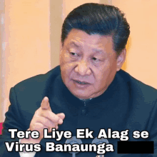 a man in a suit is pointing at the camera with the words " tere liye ek alag se virus banaunga " above him