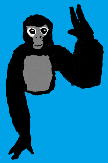 a drawing of a gorilla giving a peace sign on a blue background