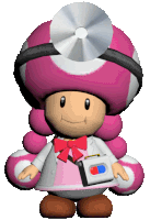 a pink toad with a stethoscope on his head