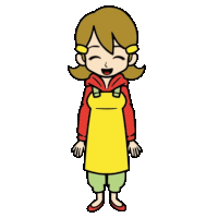 a cartoon of a woman wearing a yellow apron and a red jacket