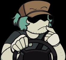 a cartoon character wearing a hat and sunglasses holds a steering wheel