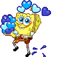 a pixel art of spongebob holding a bunch of hearts