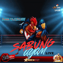 an advertisement for sabung ayam live shows a rooster fighting another rooster