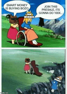 a cartoon of a woman in a wheelchair talking to a bear