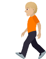 a man wearing an orange shirt and black pants is walking on a white background