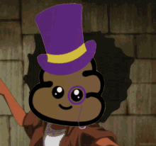 a cartoon character wearing a purple top hat and glasses