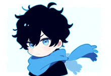 a cartoon character with black hair and blue eyes wearing a blue scarf