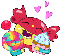 a pixel art drawing of a candy character holding a cupcake and a lollipop