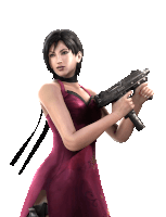 a woman in a red dress is holding a gun against a white background