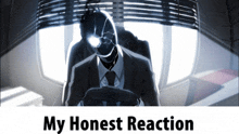 a man in a suit and tie sits in front of a window with the words my honest reaction written below him