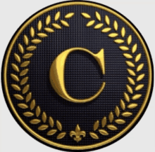 a gold letter c is surrounded by gold leaves on a black background