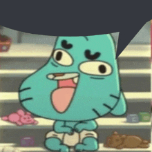 gumball from the amazing world of gumball is wearing a diaper and has a speech bubble above his head