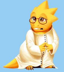 a yellow cartoon character wearing glasses and a white jacket