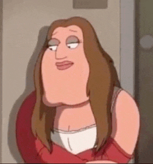 a cartoon woman with long brown hair is standing next to a door and looking at the camera .