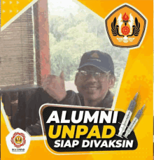 an advertisement for alumni unpad with a man in a hat