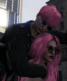 a man and a woman with pink hair are hugging