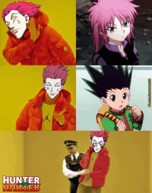 a collage of hunter x hunter characters and a man in a police uniform