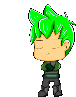 a cartoon character with green hair and a sad look on his face