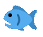 a pixel art illustration of a blue fish with a black eye .