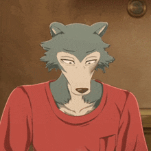 a cartoon of a wolf wearing a red shirt holding a cup of coffee