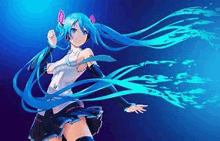 hatsune miku is a female anime character with long blue hair and a blue background .