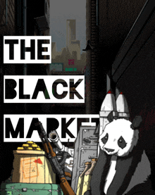 a panda bear holding a gun in an alleyway with the words " the black mark "