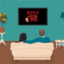 a man and a woman are sitting on a couch watching netflix and chill