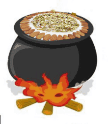 a cartoon illustration of a cauldron filled with nuts and cream