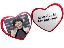 a heart shaped picture frame with monika liu my beloved on it