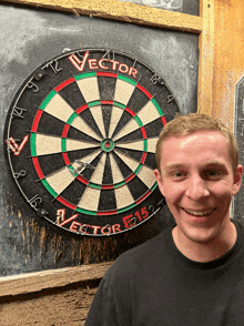 a man standing in front of a dart board that says vector on it