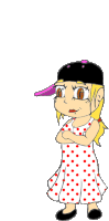 a cartoon girl wearing a polka dot dress and a hat