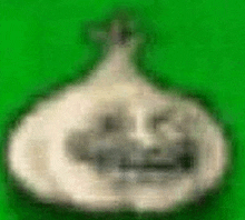 a blurred image of a onion with a face on it on a green background .