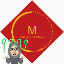 a logo for m baking and catering with a woman wearing glasses