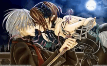 a man and a woman are kissing in front of a full moon . the man is holding a sword in his hand .