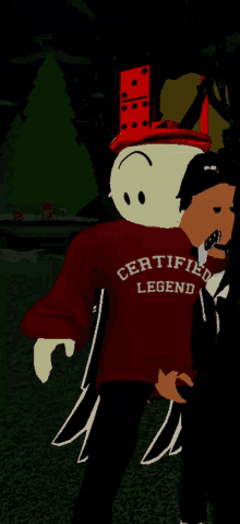 a cartoon character wearing a red certified legend sweatshirt