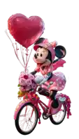 minnie mouse is riding a pink bicycle with a heart shaped balloon