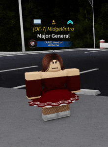 a girl in a red dress standing in front of a sign that says major general