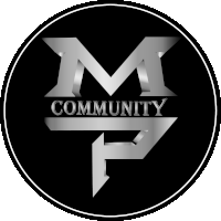 a black circle with a silver letter m and the word community on it