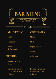 a black and gold bar menu with a list of drinks and desserts