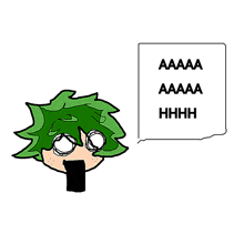 a drawing of a person with green hair and a speech bubble that says " aaa "