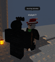 two roblox characters are standing next to each other with a speech bubble that says słuchaj dziwko