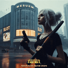 a woman holding a gun in front of a building that says mesuem