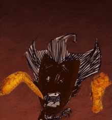 a drawing of a monster with fried chicken wings coming out of his mouth