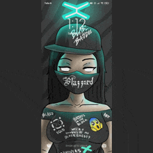 a phone screen shows a girl wearing a mask and a hat that says baddie on it