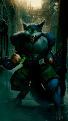 a werewolf with green eyes is standing in a dark alley